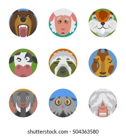 Cute animals emotions icons isolated fun set face