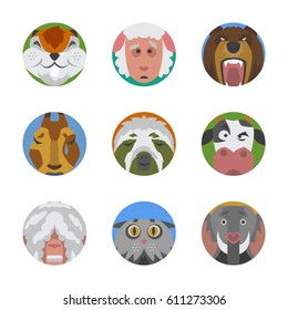 Cute animals emotions icons isolated fun set face happy character emoji comic adorable pet and expression smile collection wild avatar vector illustration.
