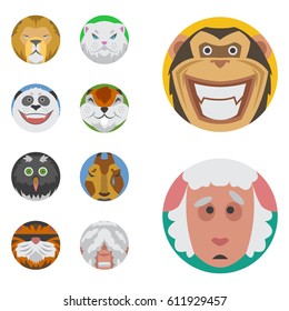 Cute animals emotions icons isolated fun set face happy character emoji comic adorable pet and expression smile collection wild avatar vector illustration.