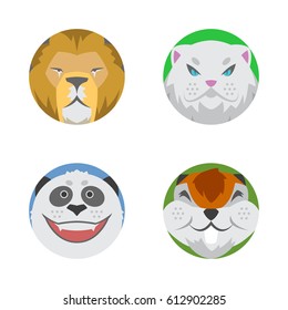 Cute animals emotions icons isolated fun set face happy character emoji comic adorable pet and expression smile collection wild avatar vector illustration.