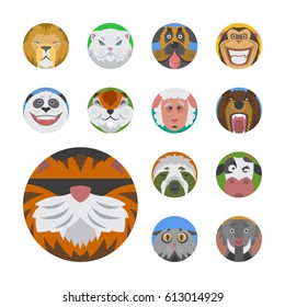 Cute animals emotions icons isolated fun set face happy character emoji comic adorable pet and expression smile collection wild avatar vector illustration.