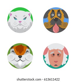 Cute animals emotions icons isolated fun set face happy character emoji comic adorable pet and expression smile collection wild avatar vector illustration.