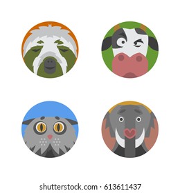 Cute animals emotions icons isolated fun set face happy character emoji comic adorable pet and expression smile collection wild avatar vector illustration.