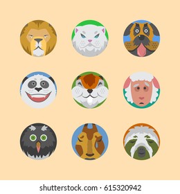 Cute animals emotions icons isolated fun set face vector illustration.