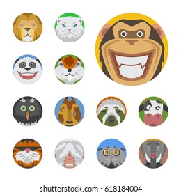 Cute animals emotions icons isolated fun set face happy character emoji comic adorable pet and expression smile collection wild avatar vector illustration.