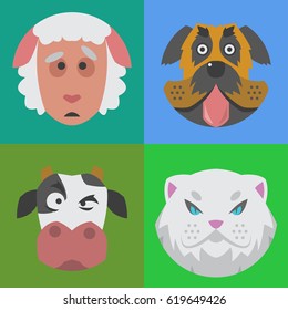 Cute animals emotions icons isolated fun set face happy character emoji comic adorable pet and expression smile collection wild avatar vector illustration.