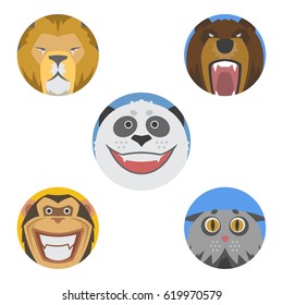 Cute animals emotions icons isolated fun set face happy character emoji comic adorable pet and expression smile collection wild avatar vector illustration.
