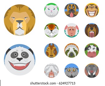 Cute animals emotions icons isolated fun set face happy character emoji comic adorable pet and expression smile collection wild avatar vector illustration.