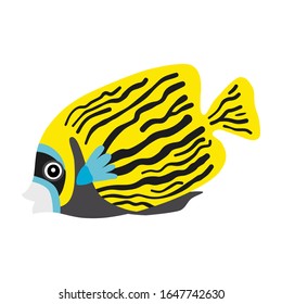 Cute animals - emperor angelfish. Illustrations for children. Baby Shower card. Cartoon character tropical butterfly fish isolated on white background. Coral reef underwater animal wildlife