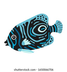 Cute animals - emperor angelfish. Illustrations for children. Baby Shower card. Cartoon character tropical butterfly fish isolated on white background. Coral reef underwater animal wildlife