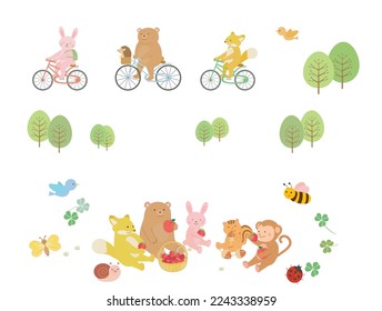 Cute animals enjoy cycling and picnic.