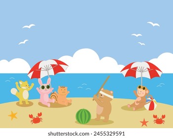 Cute animals enjoy at summer beach.
