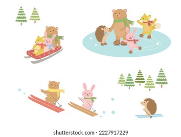 Cute animals enjoy winter sports.