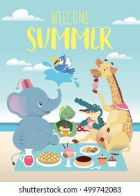 Cute animals enjoying the sun and food on the beach
vector illustration with elephant, sea turtle, giraffe, crocodile,and dessert.