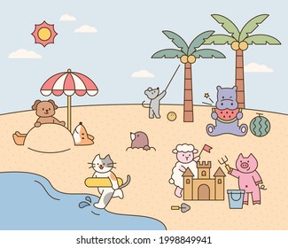 Cute animals are enjoying vacation on the beach. flat design style minimal vector illustration.