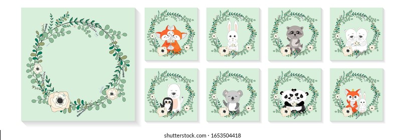 Cute animals, eucalyptus and flower wreath. Greeting cards, posters, banners set. Foxes, bunny, raccoon, polar bears and penguin, koala, pandas. Hand drawn vector illustration.