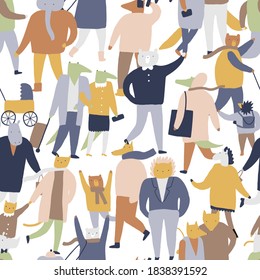 Cute animals in everyday life. Seamless pattern. Different animals in warm clothes. Flat vector illustration.