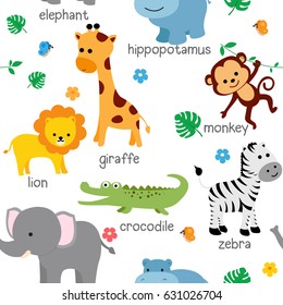 Cute animals fabric seamless pattern with flowers and butterflies.