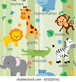 Cute animals fabric seamless pattern with flowers and butterflies. 