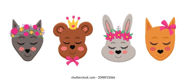 Cute animals face, bear, rabbit, fox, wolf. Vector Illustration for printing, backgrounds, covers, packaging, greeting cards, posters, stickers, textile, seasonal design. Isolated on white background.