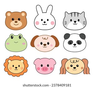 Cute animals face cartoon. Bear, dog, cat, frog, rabbit, pig, lion, panda for icon, element and illustration