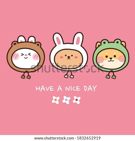 Cute animals face with costume on pink background.Rabbit,bear,shiba inu dog hand drawn.Cartoon character design.Mascot.Have a nice day text with flower.Vector.Illustration.