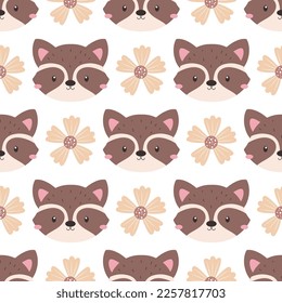 Cute animals face and floral seamless patterns