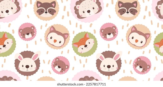 Cute animals face and floral seamless pattern