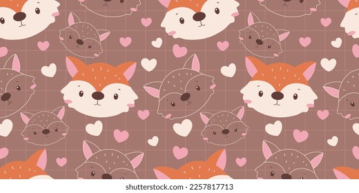 Cute animals face and floral seamless pattern