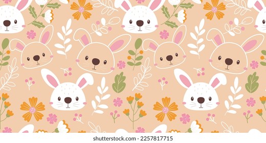 Cute animals face and floral seamless pattern