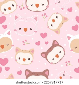 Cute animals face and floral seamless patterns