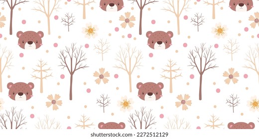 Cute animals face and floral seamless pattern