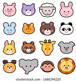Cute Animals Face Icon Illust Set blackline