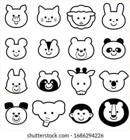 Cute Animals Face Icon Illust Set simple