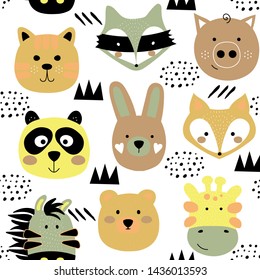 Cute animals face texture. Seamless childish pattern with funny bunny, bear, panda, fox, raccoon, pig, tiger, giraffe. Multicolor vector illustration print isolated on white background.