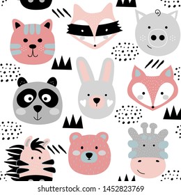 Cute animals face texture. Seamless childish pattern with funny bunny, bear, panda, fox, raccoon, pig, tiger, giraffe. Rainbow vector illustration print isolated on white background.