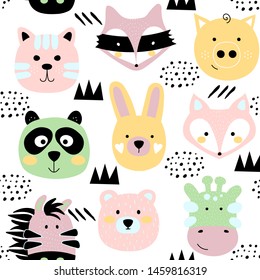 Cute animals face texture. Seamless childish pattern with funny bunny, bear, panda, fox, raccoon, pig, tiger, giraffe. Trendy vector illustration print isolated on white background.