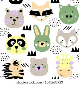 Cute animals face texture. Seamless childish pattern with funny bunny, bear, panda, fox, raccoon, pig, tiger, giraffe. Hipster vector illustration print isolated on white background.