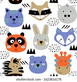 Cute animals face texture. Seamless childish pattern with funny bunny, bear, panda, fox, raccoon, pig, tiger, giraffe. Stylish vector illustration print isolated on white background.