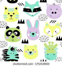 Cute animals face texture. Seamless childish pattern with funny bunny, bear, panda, fox, raccoon, pig, tiger, giraffe. Rainbow vector illustration print isolated on white background.