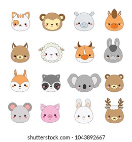 Cute animals faces. Big set of cartoon kawaii wildlife and farm animals icons. Stickers, emoji. design elements for kids