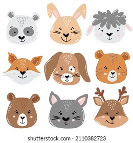 Cute Animals faces characters set, funny animals illustration for kids cartoon isolated vector hand drawn 