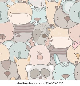 Cute Animals Faces Childish Seamless pattern. Doodle Cartoon Animal Heads. different animals. Creative baby texture for fabric, wrapping, textile, wallpaper, apparel. Vector Background f