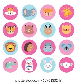 cute animals faces in circle shapes isolated design. vector illustration