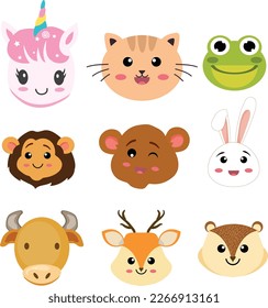 Cute Animals Faces Clipart Set, Vector Bundle

