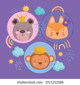 cute animals faces with crowns rainbows clouds and sun cartoon vector illustration
