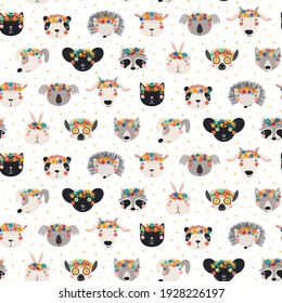 Cute animals faces in flower crowns seamless pattern on a white background. Hand drawn vector illustration. Scandinavian style flat design. Concept for kids textile, fashion print, wallpaper, package.