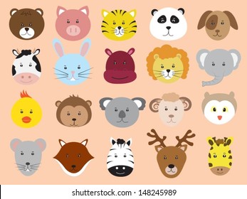 Cute Animals Faces Icons Vector Collection