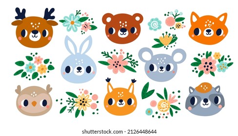 Cute animals faces. Little forest characters. Funny muzzles. Wildlife creatures heads with flowers. Deer and mouse. Blooming plants bouquet. Raccoon and bunny. Vector