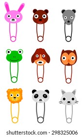 Cute Animals Faces on pins, isolated on white